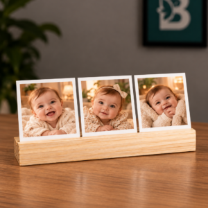 Porta-Retrato Personalizado com 3 Fotos e Base de Madeira